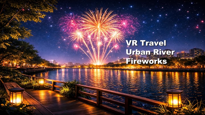 VR Travel Urban River Fireworks