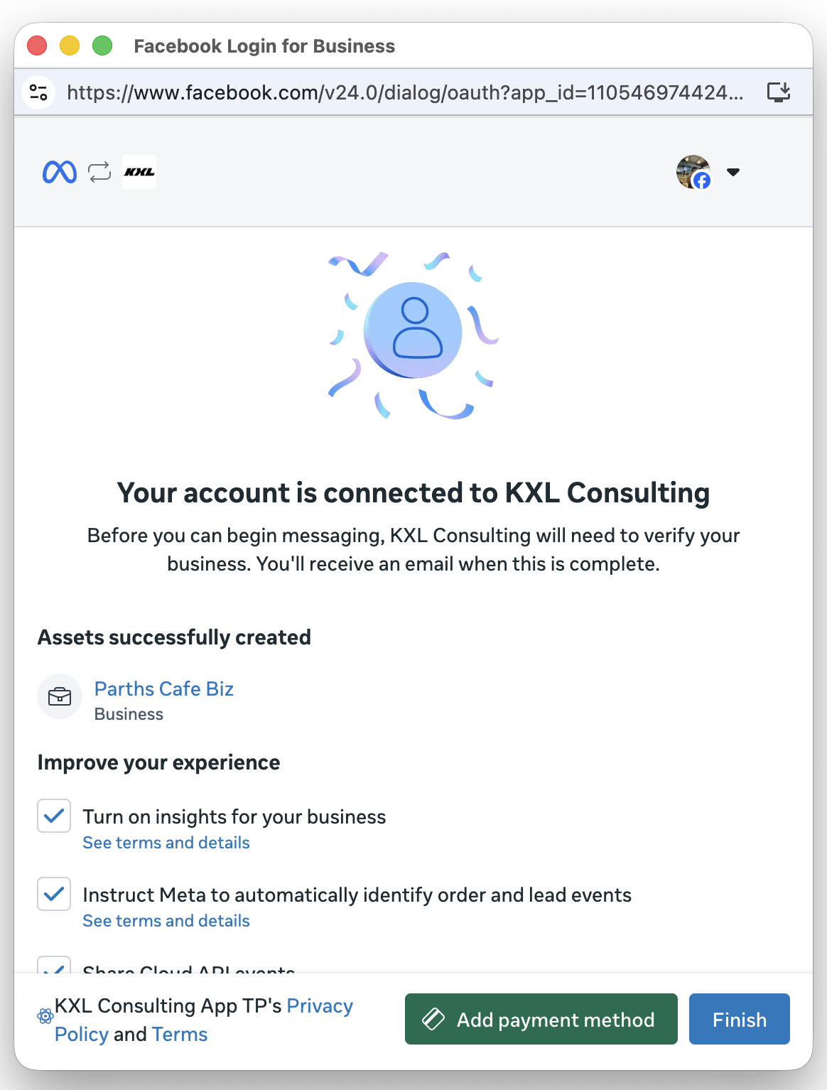 Success screen confirming the account is connected, listing the created Business asset and improvement options, with a Finish button.