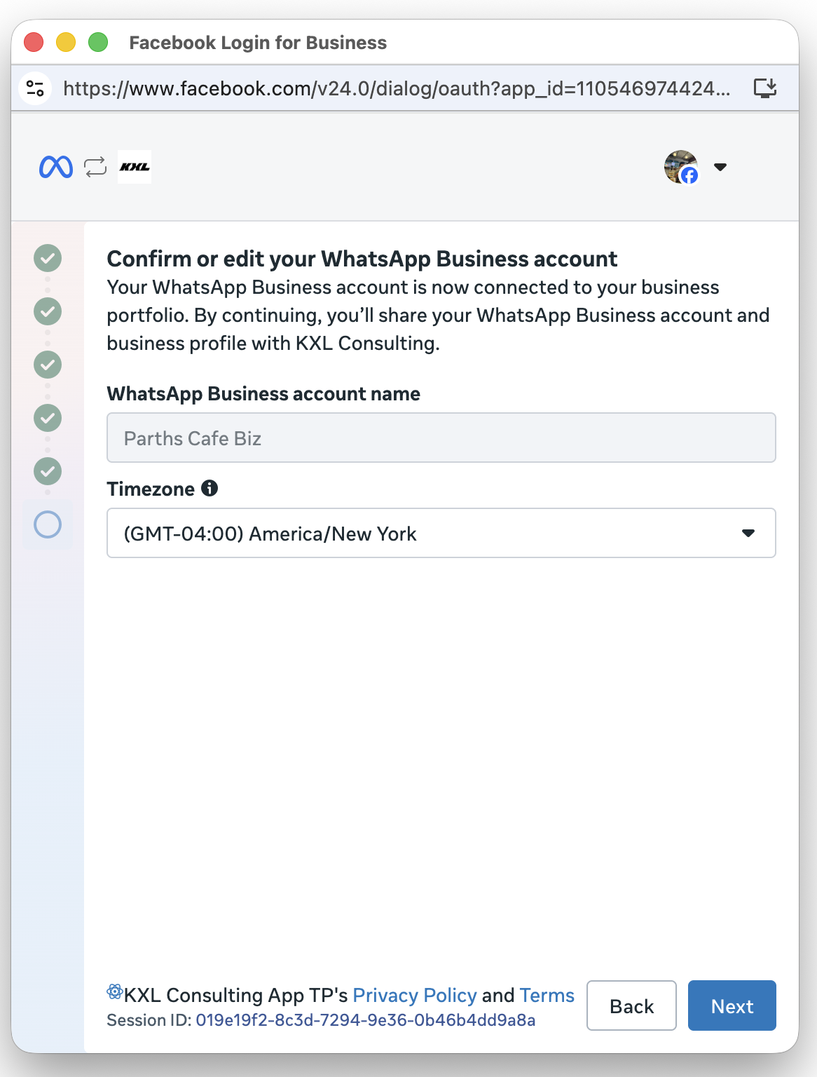 Confirm or edit your WhatsApp Business account screen with a read-only account name field and a time zone dropdown.